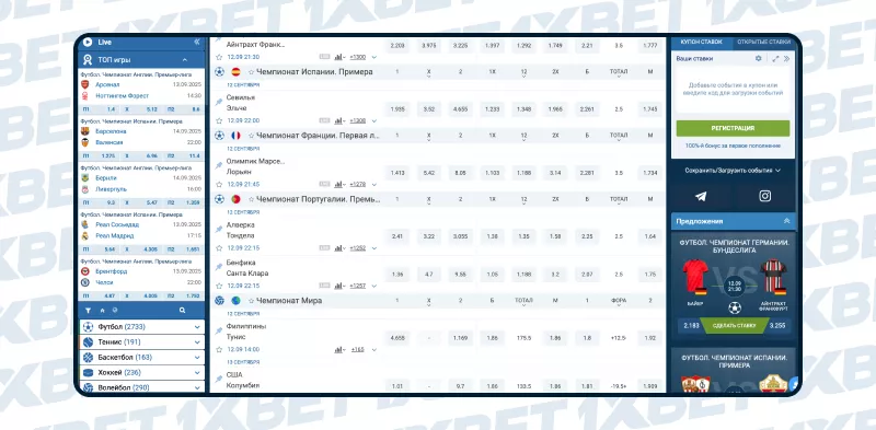 Линия и коэффициенты 1xBet